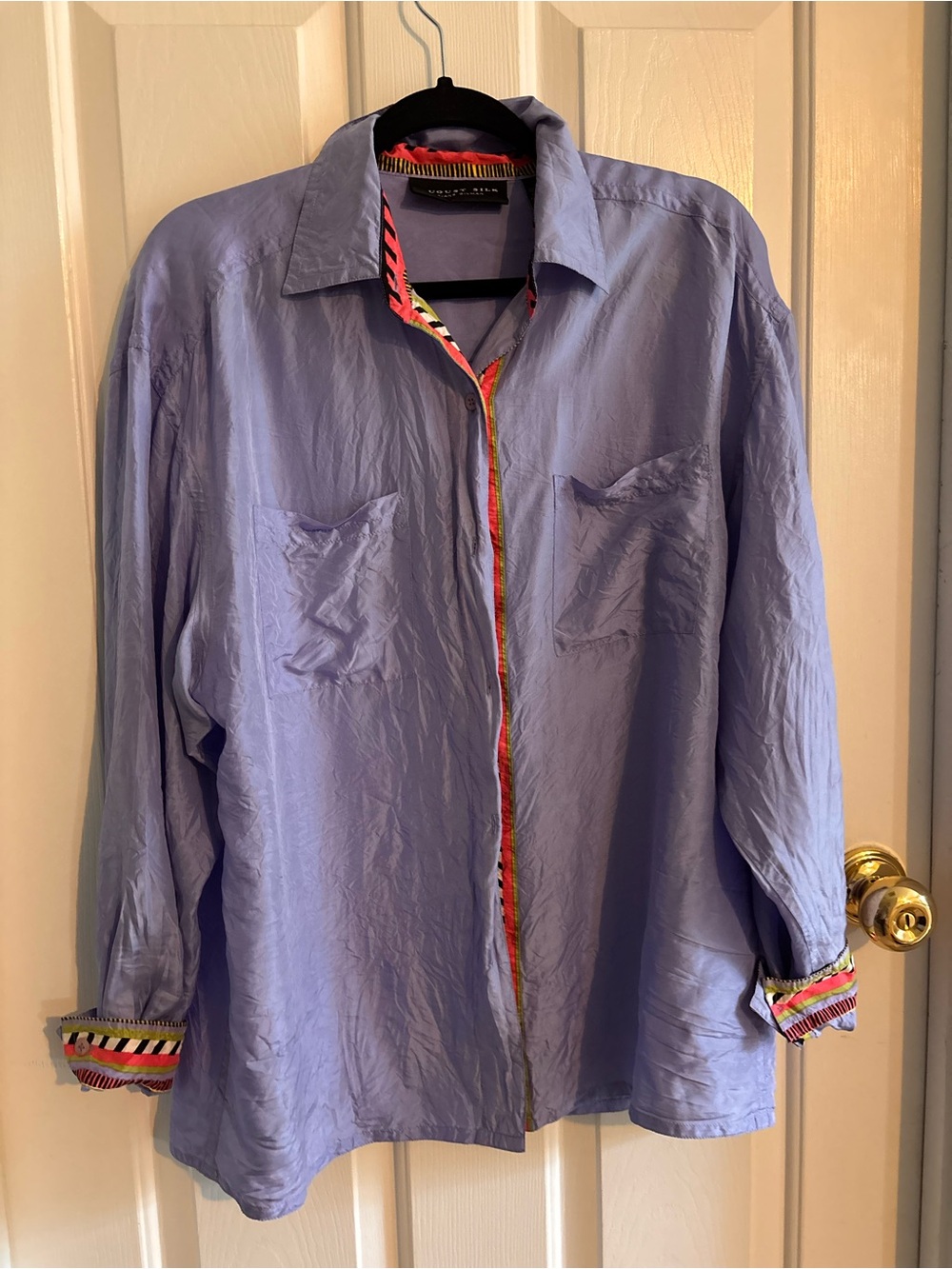 100% Silk august silk Light Lavender Button-Up with Colorful Trim